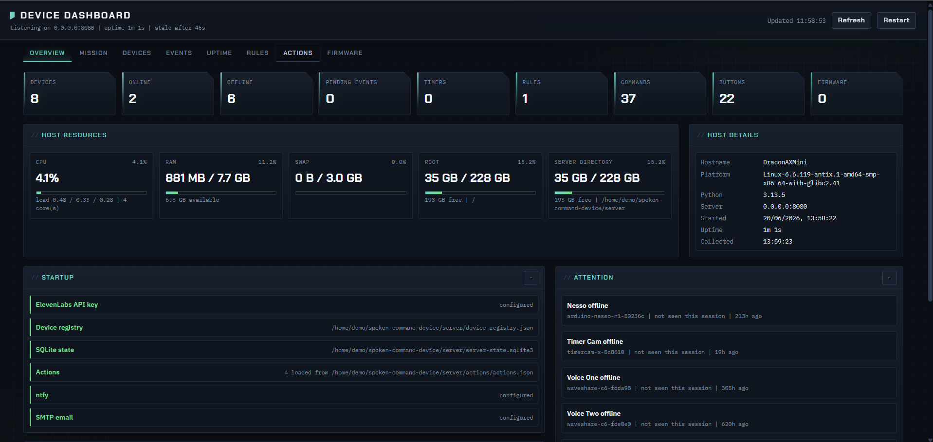 Browser dashboard — device state, recent commands, diagnostics, and action controls